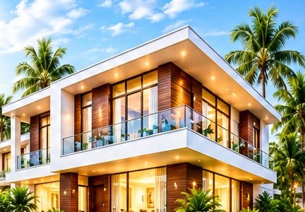 Modern two-storey house with balconies and landscaped garden